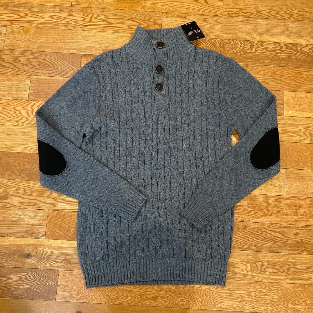 Kian D Los Angeles Quarter Button Mock Neck Large Sweater Elbow Patch NWT